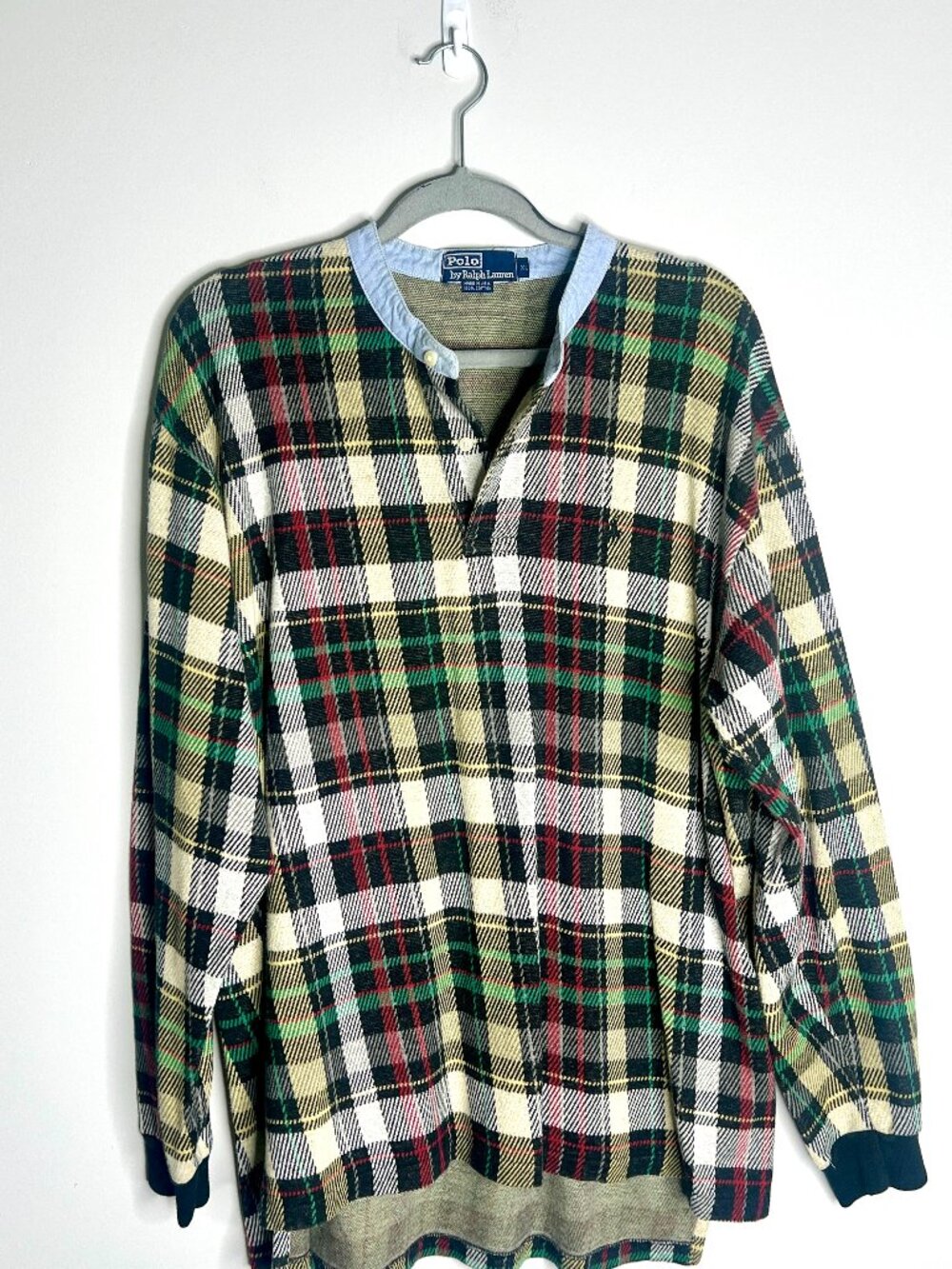 Vintage Men's Polo Ralph Lauren Plaid Band Collar Shirt 100% Cotton Preppy XL